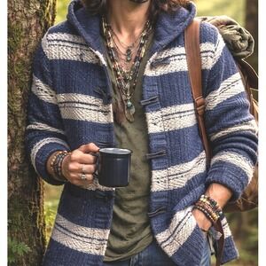 Chaps Navy Blue Striped Hooded Toggle Front Knit Cardigan Sz L Preppy Coastal